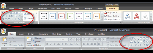 Powerpoint ribbon: Same controls, radically different locations depending on context