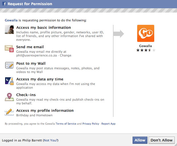 Gowalla wants to access your private Facebook data while you sleep. Spooky.