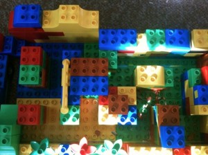 A maze for the hamsters, made of Duplo bricks and viewed from the top